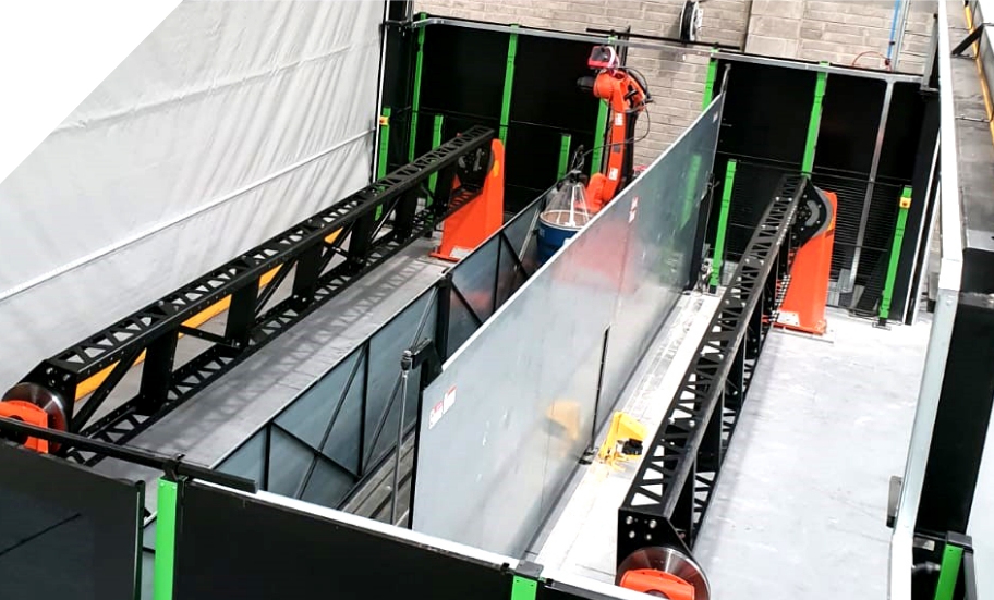 A conveyor belt in a warehouse with a robot on it.
