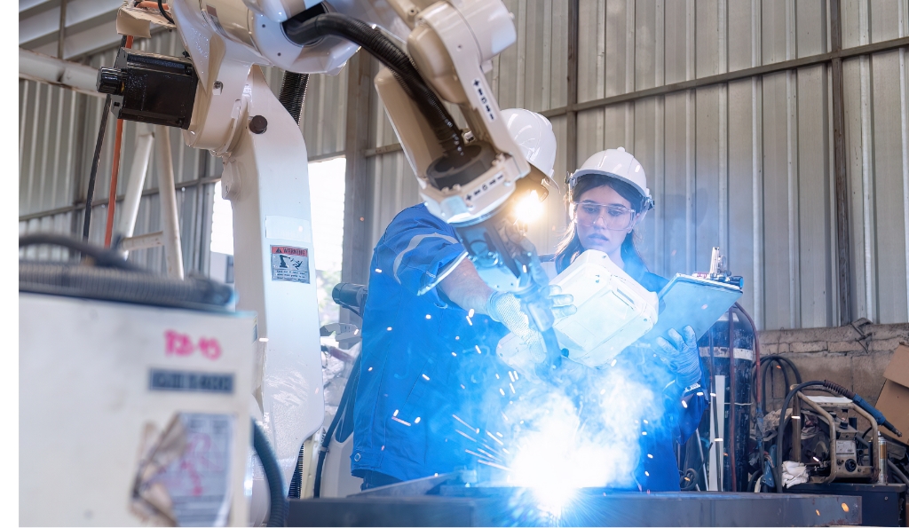 Two people working with a robot in a factory.